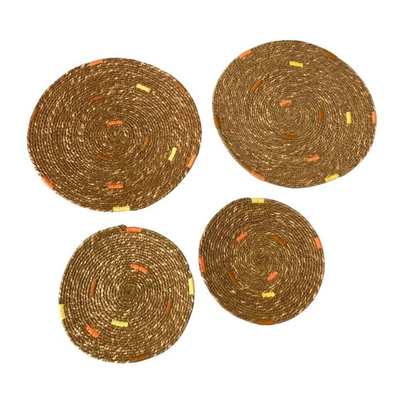 Woven Wall Hanging Set Of 4 Round Flat Baskets With Orange And Yellow Accents - Picture 1 of 3